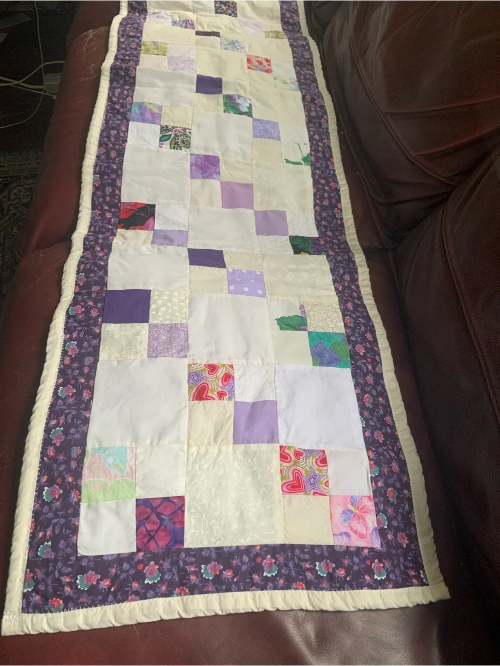 Handmade Purple Patchwork Table Runner | 68x15 Quilted Dresser Scarf Cottagecore